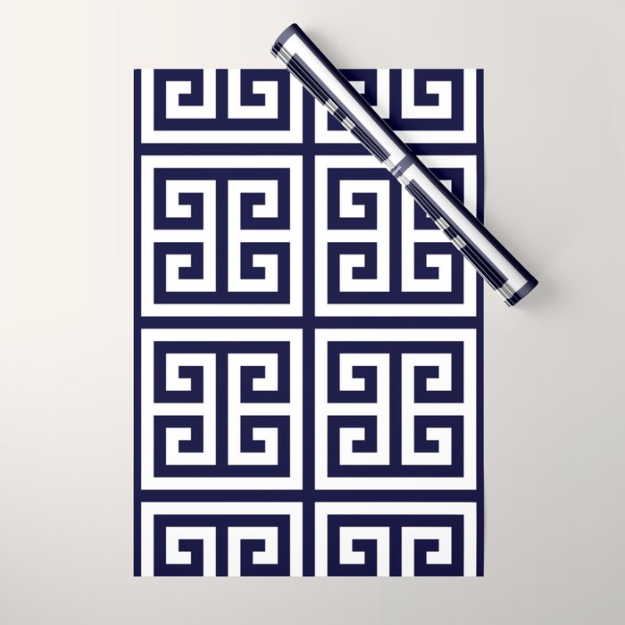 Greek Key Patten White And Navy Blue Wrapping Paper Gallery Image 1