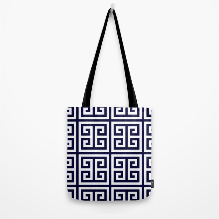 Greek Key Patten White And Navy Blue Tote Bag Gallery Image 2