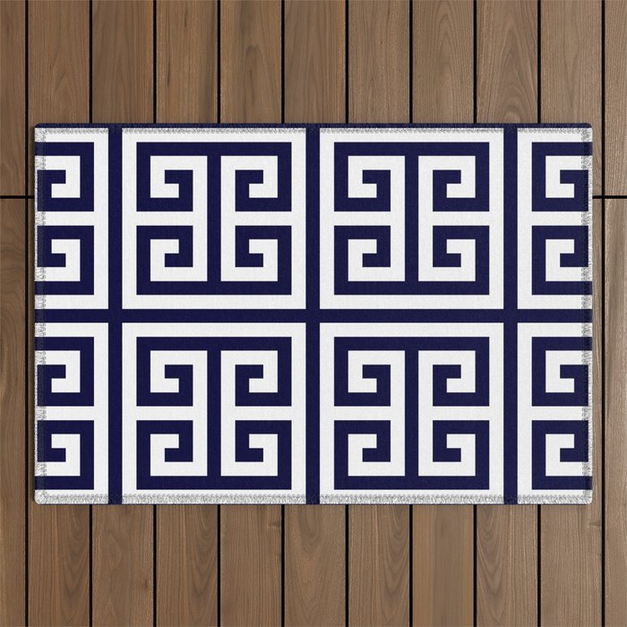 Greek Key Patten White And Navy Blue Outdoor Rug Gallery Image 1