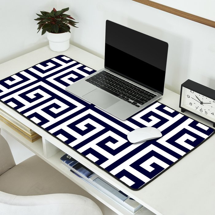 Greek Key Patten White And Navy Blue Desk Mat Gallery Image 2
