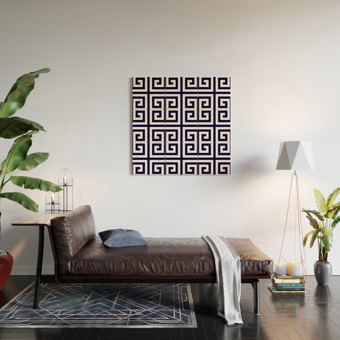 Greek Key Patten White And Navy Blue Wood Wall Art Gallery Image 2