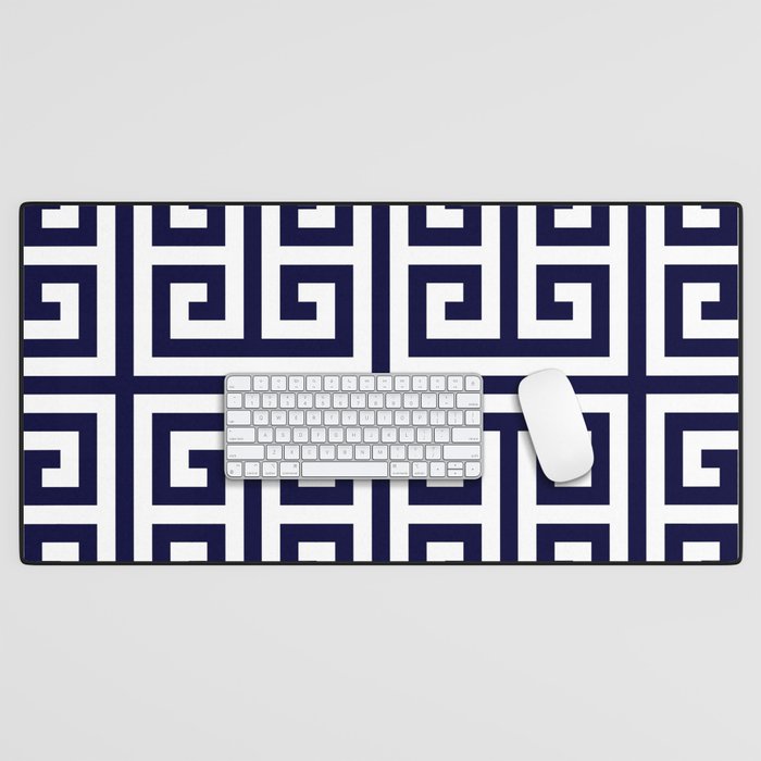 Greek Key Patten White And Navy Blue Desk Mat Gallery Image 1