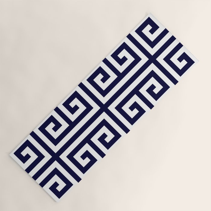 Greek Key Patten White And Navy Blue Yoga Mat Gallery Image 1