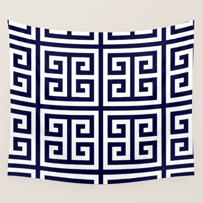 Greek Key Patten White And Navy Blue Wall Tapestry Gallery Image 1