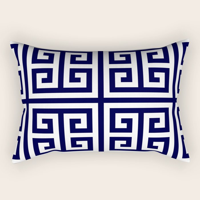 Greek Key Patten White And Navy Blue Rectangular Pillow Gallery Image 1