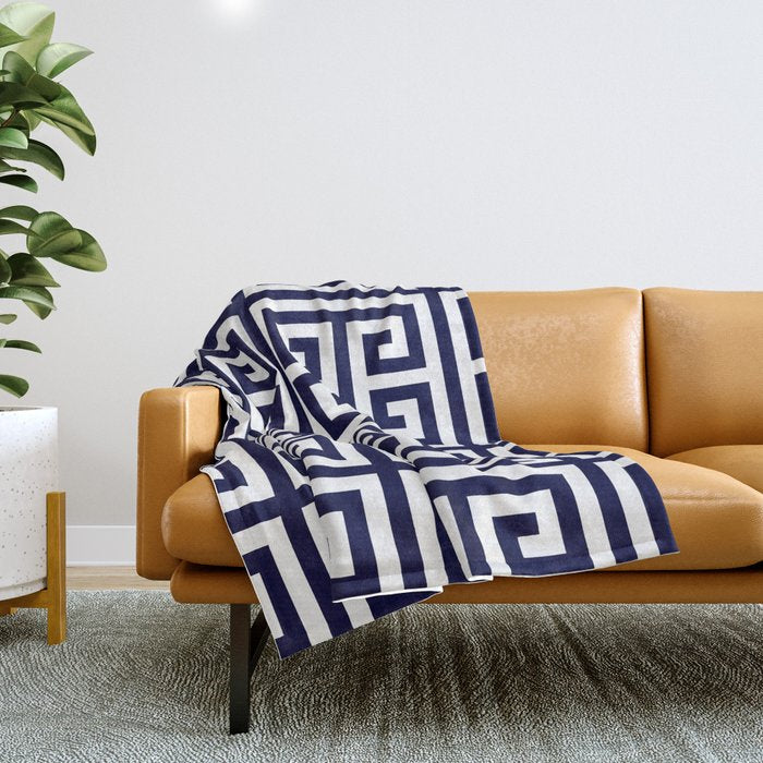 Greek Key Patten White And Navy Blue Throw Blanket Gallery Image 1