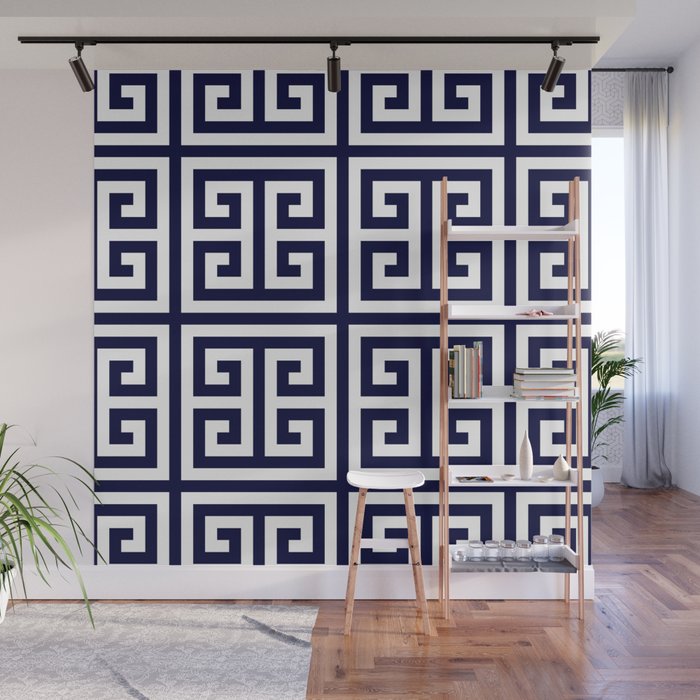Greek Key Patten White And Navy Blue Wall Mural