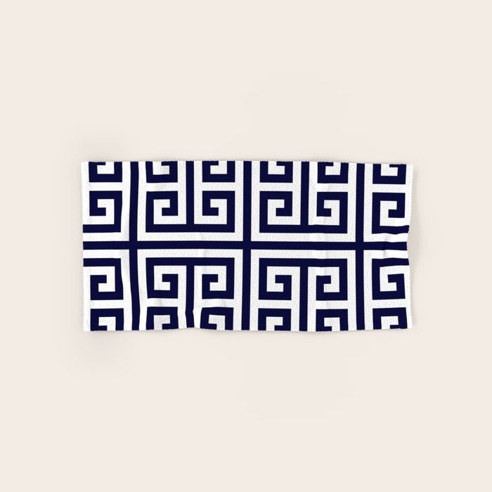 Greek Key Patten White And Navy Blue Bath Towel Gallery Image 1