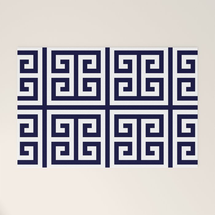 Greek Key Patten White And Navy Blue Welcome Mat Gallery Image 1