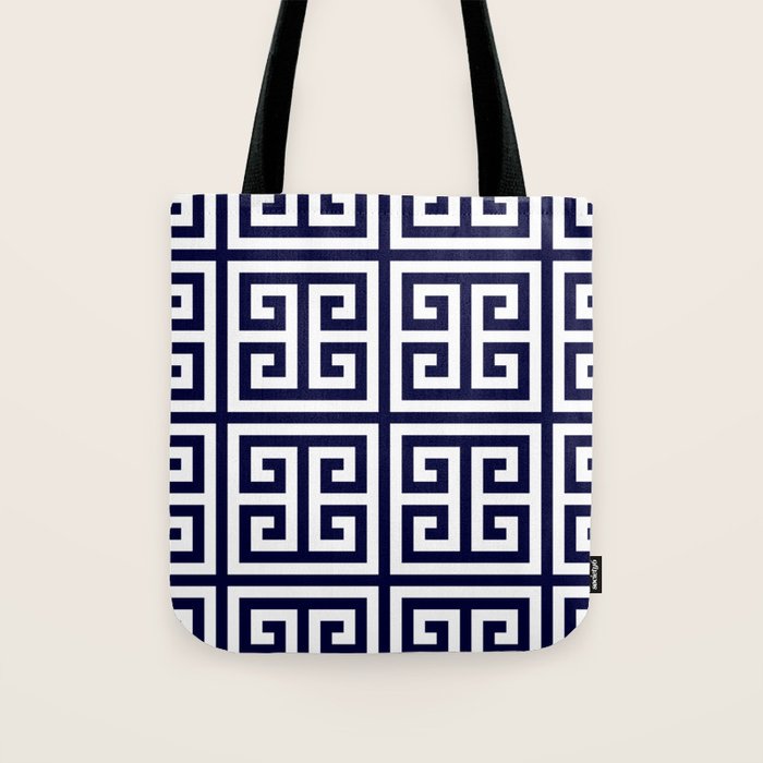 Greek Key Patten White And Navy Blue Tote Bag Gallery Image 1