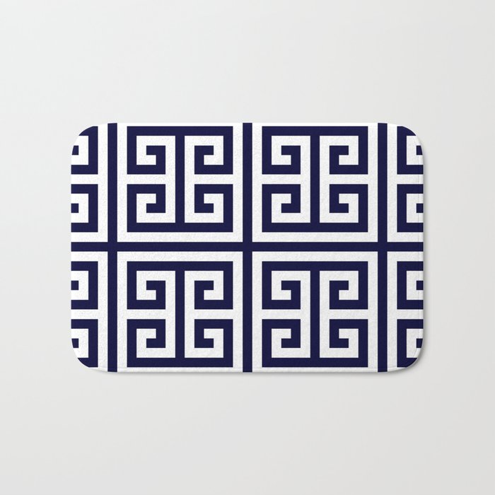 Greek Key Patten White And Navy Blue Bath Mat Gallery Image 1