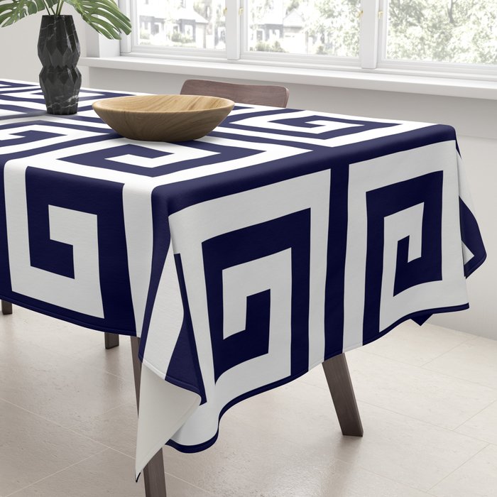 Greek Key Patten White And Navy Blue Tablecloth Gallery Image 3