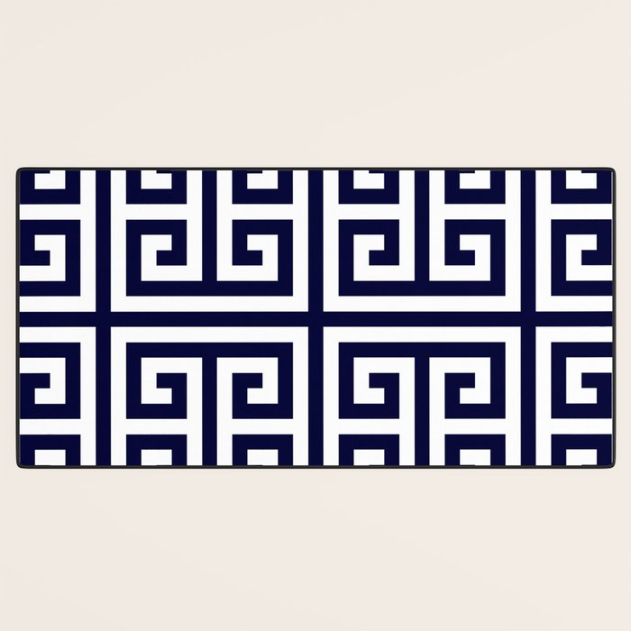Greek Key Patten White And Navy Blue Desk Mat Gallery Image 3