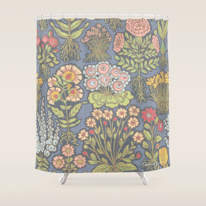 Floral Botanical Mille Fleur Pattern Shower Curtain Gallery Image 1
