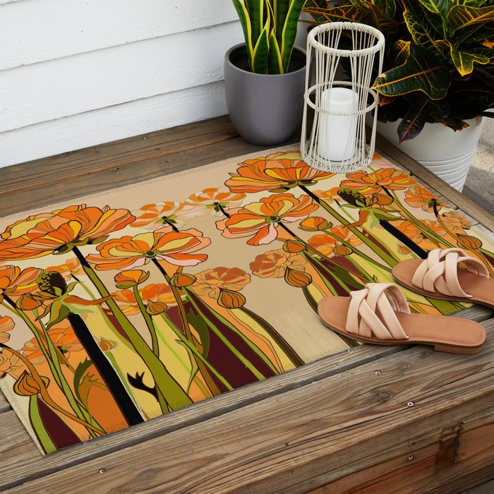 70s, Orange California poppies, mid century, 70s retro, flowers Outdoor Rug Gallery Image 2