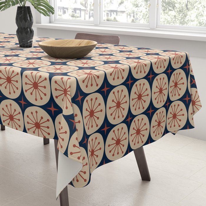 Retro Mid Century Modern Atomic Dots and Stars Pattern in Mid Mod Orange Beige Navy Blue Small Tablecloth Gallery Image 3