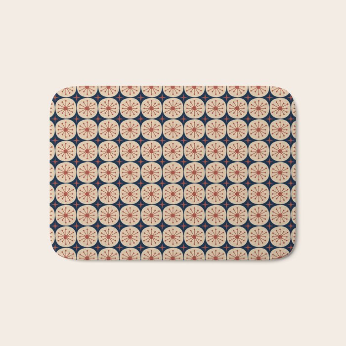 Retro Mid Century Modern Atomic Dots and Stars Pattern in Mid Mod Orange Beige Navy Blue Small Bath Mat Gallery Image 1