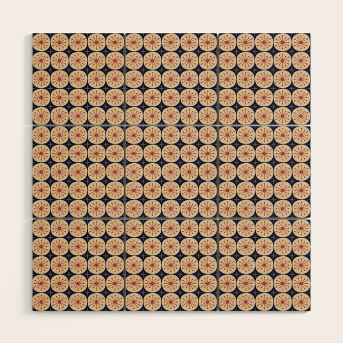 Retro Mid Century Modern Atomic Dots and Stars Pattern in Mid Mod Orange Beige Navy Blue Small Wood Wall Art Gallery Image 1