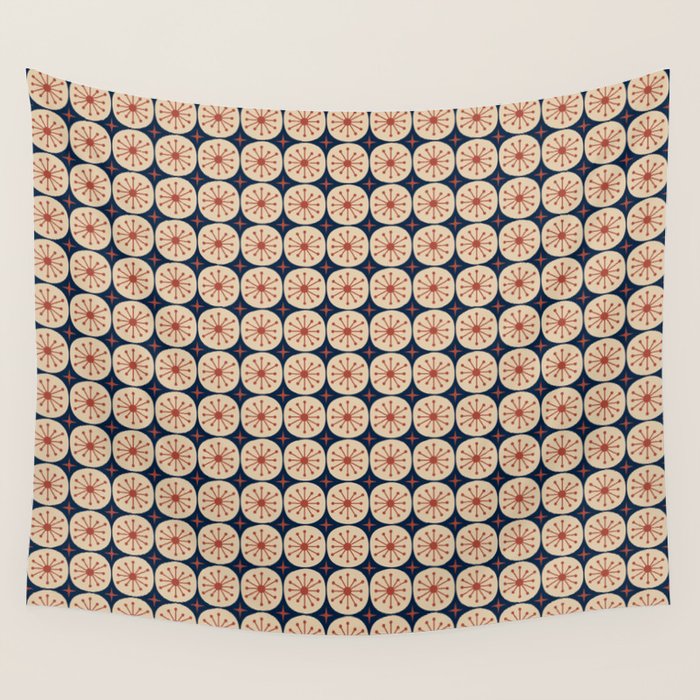 Retro Mid Century Modern Atomic Dots and Stars Pattern in Mid Mod Orange Beige Navy Blue Small Wall Tapestry Gallery Image 4