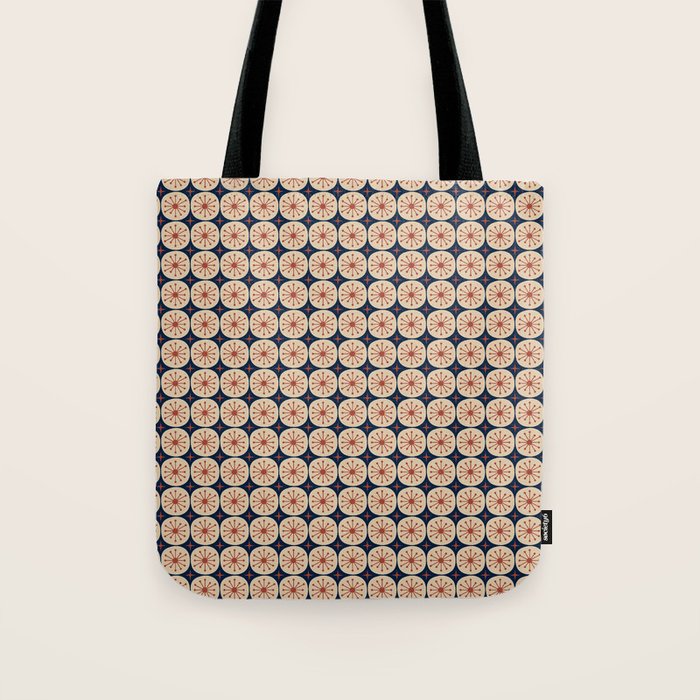 Retro Mid Century Modern Atomic Dots and Stars Pattern in Mid Mod Orange Beige Navy Blue Small Tote Bag Gallery Image 1