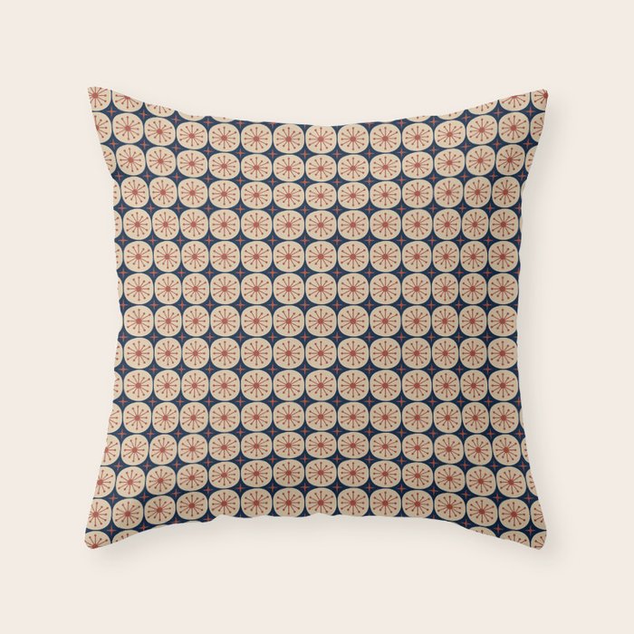 Retro Mid Century Modern Atomic Dots and Stars Pattern in Mid Mod Orange Beige Navy Blue Small Throw Pillow Gallery Image 6