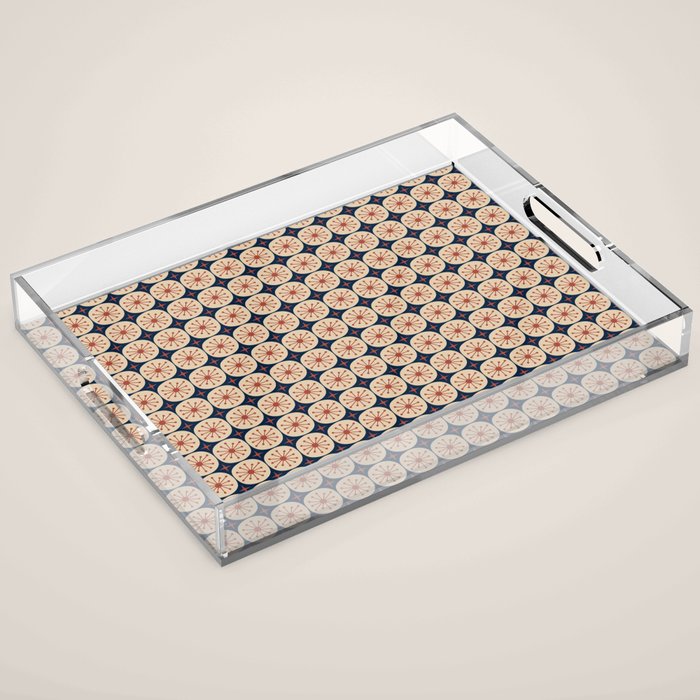 Retro Mid Century Modern Atomic Dots and Stars Pattern in Mid Mod Orange Beige Navy Blue Small Acrylic Tray Gallery Image 1