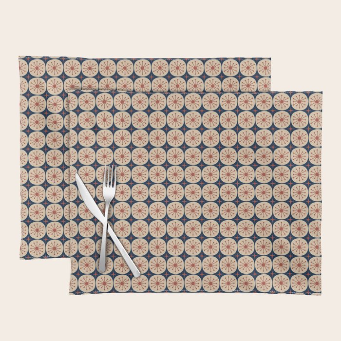 Retro Mid Century Modern Atomic Dots and Stars Pattern in Mid Mod Orange Beige Navy Blue Small Placemat Gallery Image 1