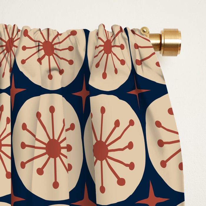 Retro Mid Century Modern Atomic Dots and Stars Pattern in Mid Mod Orange Beige Navy Blue Small Window Curtain Gallery Image 2
