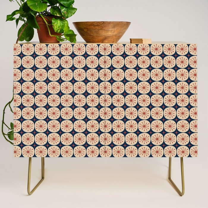 Retro Mid Century Modern Atomic Dots and Stars Pattern in Mid Mod Orange Beige Navy Blue Small Credenza Gallery Image 1