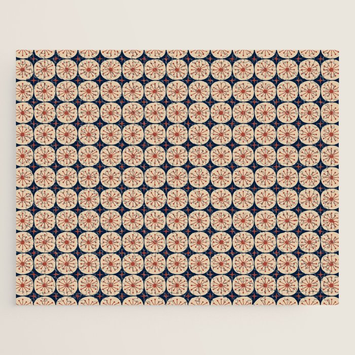 Retro Mid Century Modern Atomic Dots and Stars Pattern in Mid Mod Orange Beige Navy Blue Small Jigsaw Puzzle Gallery Image 1