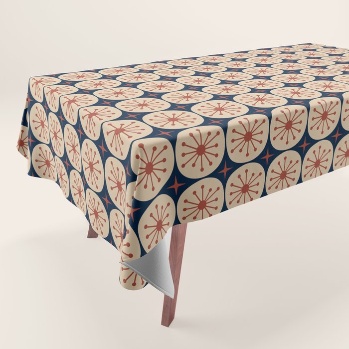 Retro Mid Century Modern Atomic Dots and Stars Pattern in Mid Mod Orange Beige Navy Blue Small Tablecloth Gallery Image 1