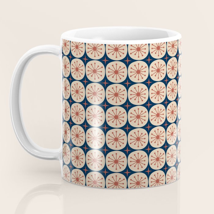 Retro Mid Century Modern Atomic Dots and Stars Pattern in Mid Mod Orange Beige Navy Blue Small Coffee Mug Gallery Image 3