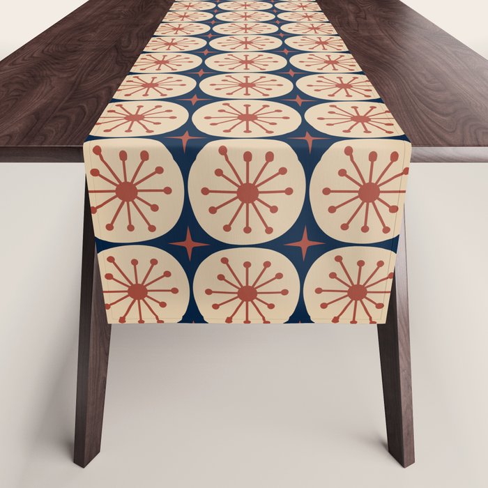 Retro Mid Century Modern Atomic Dots and Stars Pattern in Mid Mod Orange Beige Navy Blue Small Table Runner Gallery Image 1