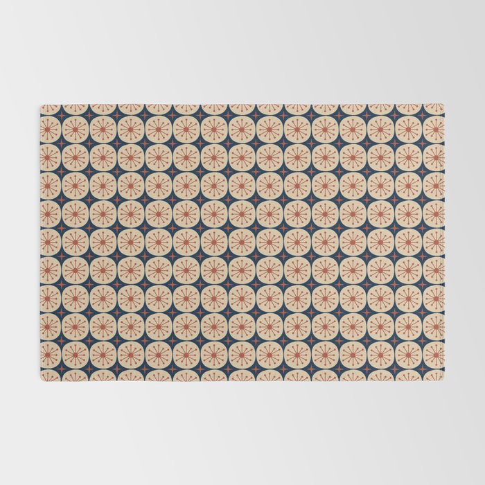 Retro Mid Century Modern Atomic Dots and Stars Pattern in Mid Mod Orange Beige Navy Blue Small Rug Gallery Image 2