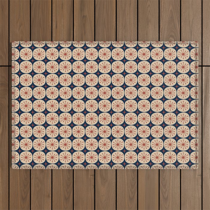 Retro Mid Century Modern Atomic Dots and Stars Pattern in Mid Mod Orange Beige Navy Blue Small Outdoor Rug Gallery Image 1