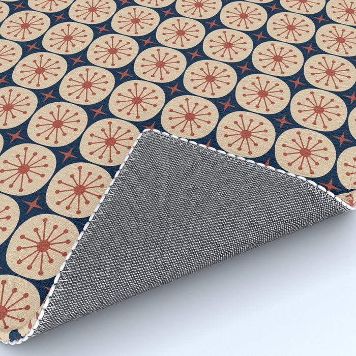 Retro Mid Century Modern Atomic Dots and Stars Pattern in Mid Mod Orange Beige Navy Blue Small Rug Gallery Image 4
