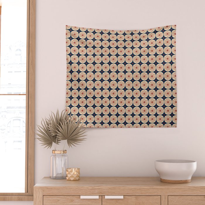 Retro Mid Century Modern Atomic Dots and Stars Pattern in Mid Mod Orange Beige Navy Blue Small Wall Tapestry Gallery Image 2