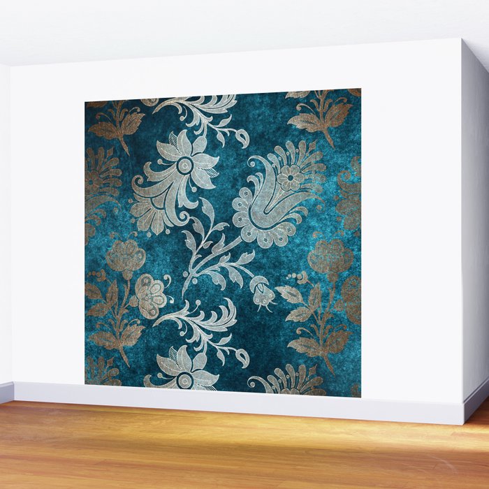 Aqua Teal Vintage Floral Damask Pattern Wall Mural Gallery Image 2