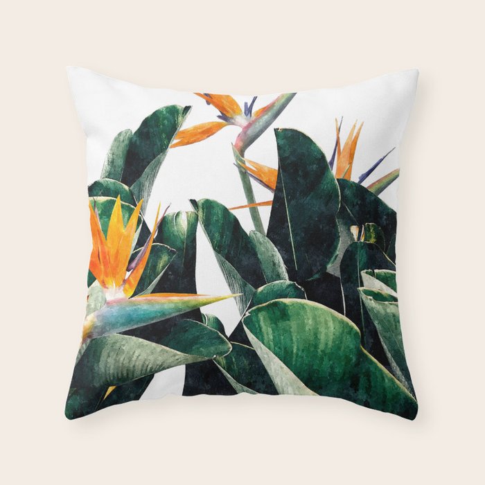 Paradise Bird, Nature Botanical Plant Floral, Tropical Garden Watercolor Painting Throw Pillow Gallery Image 6