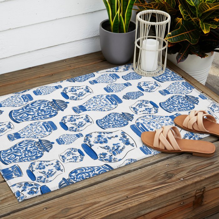Chinoiserie Blue and White Jars Outdoor Rug Gallery Image 2