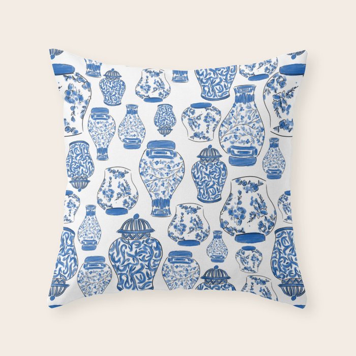 Chinoiserie Blue and White Jars Throw Pillow Gallery Image 1