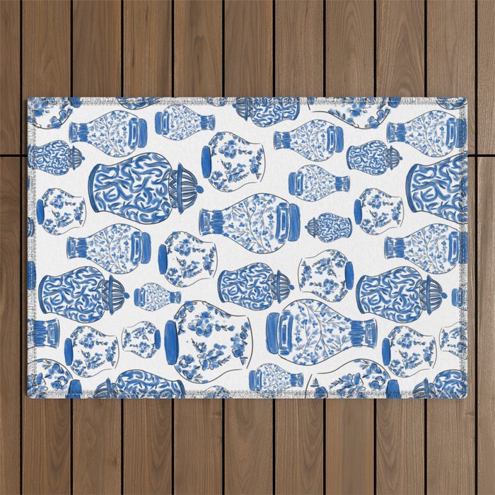 Chinoiserie Blue and White Jars Outdoor Rug Gallery Image 1