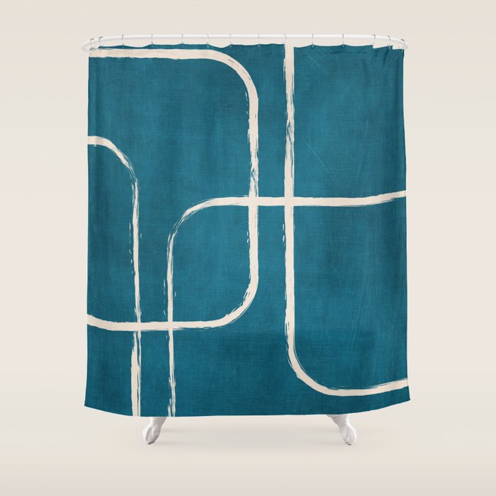Dark Teal White Lines Geometric Minimalist Art Shower Curtain Gallery Image 1
