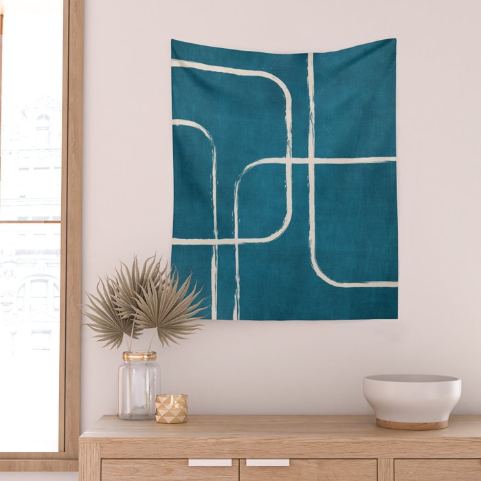 Dark Teal White Lines Geometric Minimalist Art Wall Tapestry Gallery Image 2