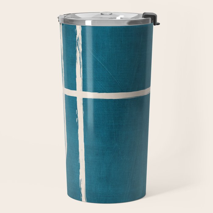 Dark Teal White Lines Geometric Minimalist Art Travel Mug Gallery Image 2