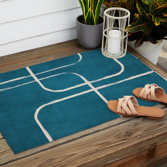 Dark Teal White Lines Geometric Minimalist Art Outdoor Rug Gallery Image 2