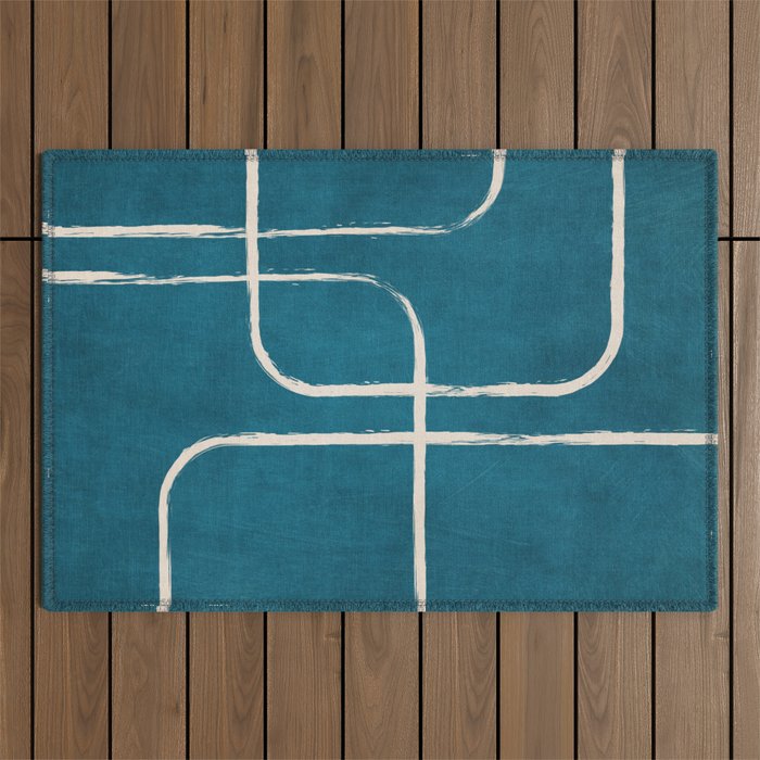 Dark Teal White Lines Geometric Minimalist Art Outdoor Rug Gallery Image 1