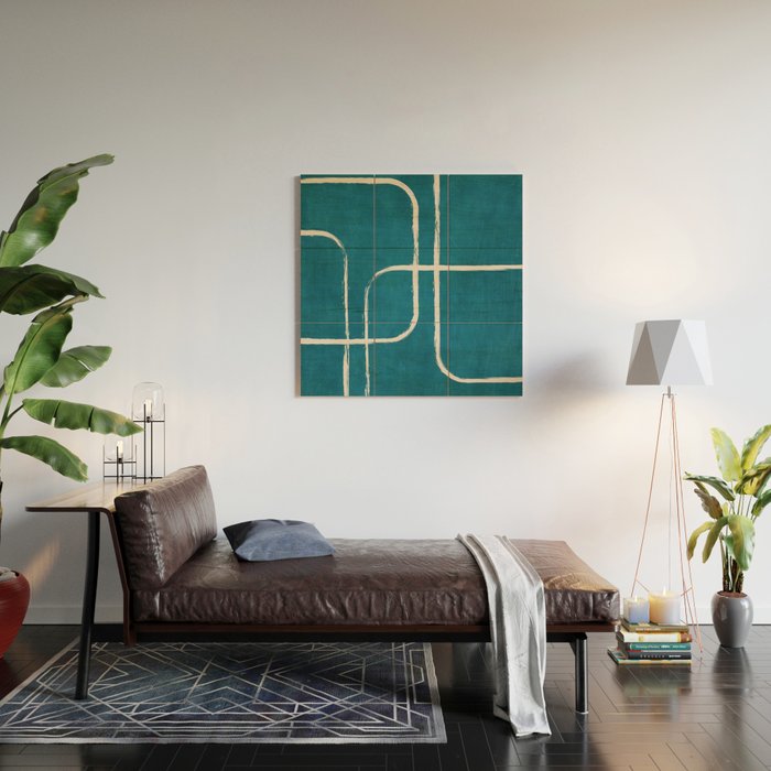 Dark Teal White Lines Geometric Minimalist Art Wood Wall Art Gallery Image 2