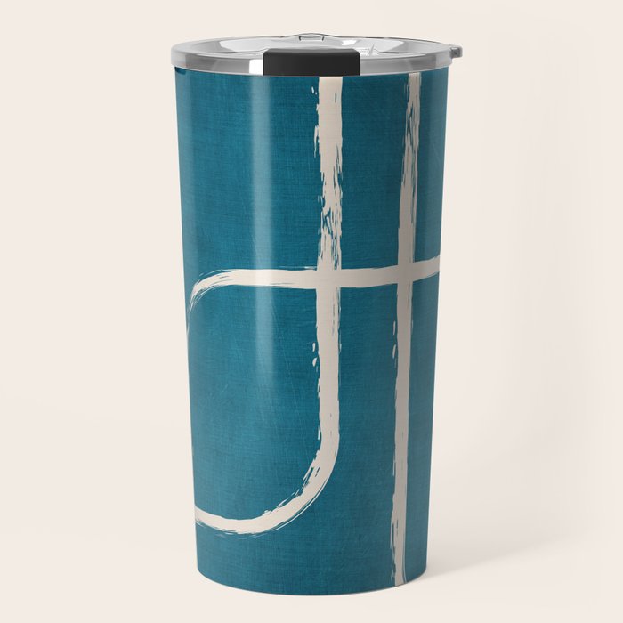 Dark Teal White Lines Geometric Minimalist Art Travel Mug Gallery Image 1