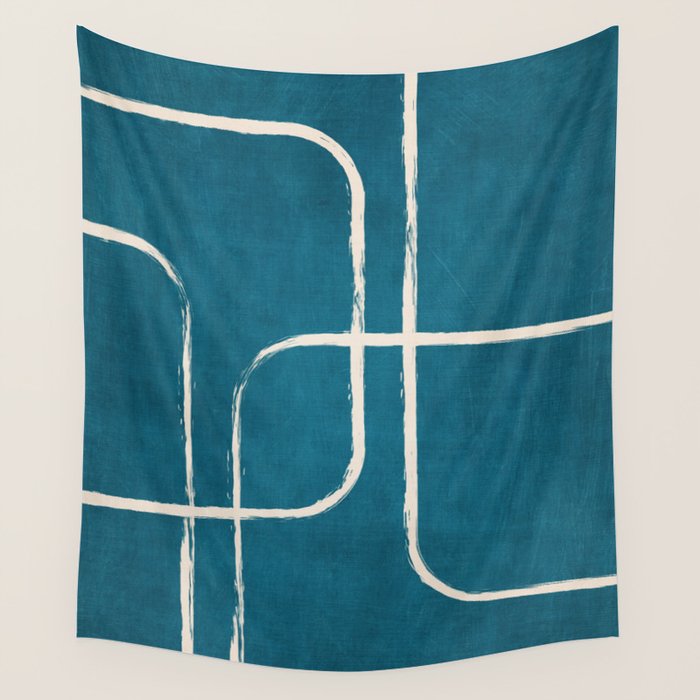 Dark Teal White Lines Geometric Minimalist Art Wall Tapestry Gallery Image 4